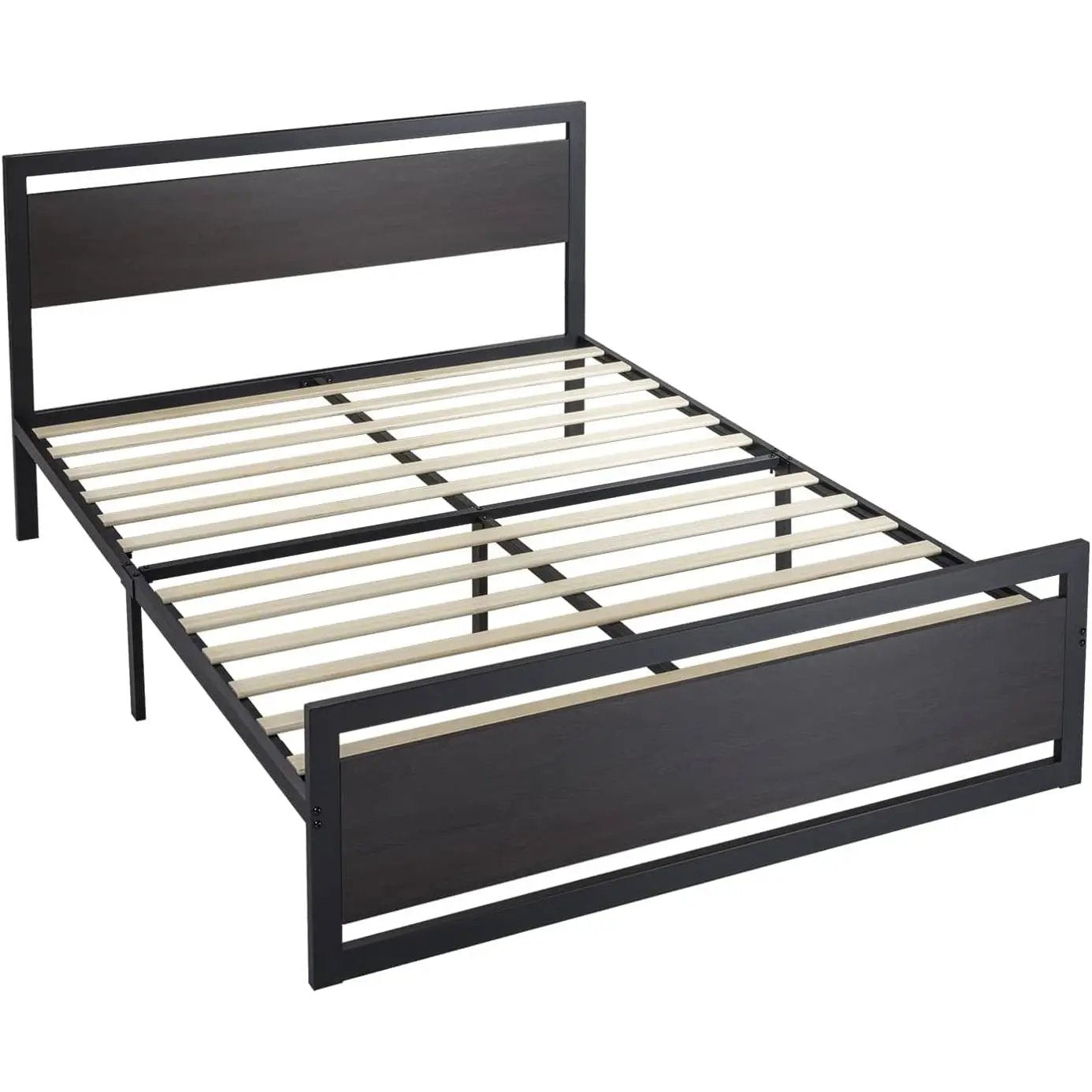 Queen Black Metal Platform Bed Frame with Wood Panel Headboard and Footboard by HomePacific