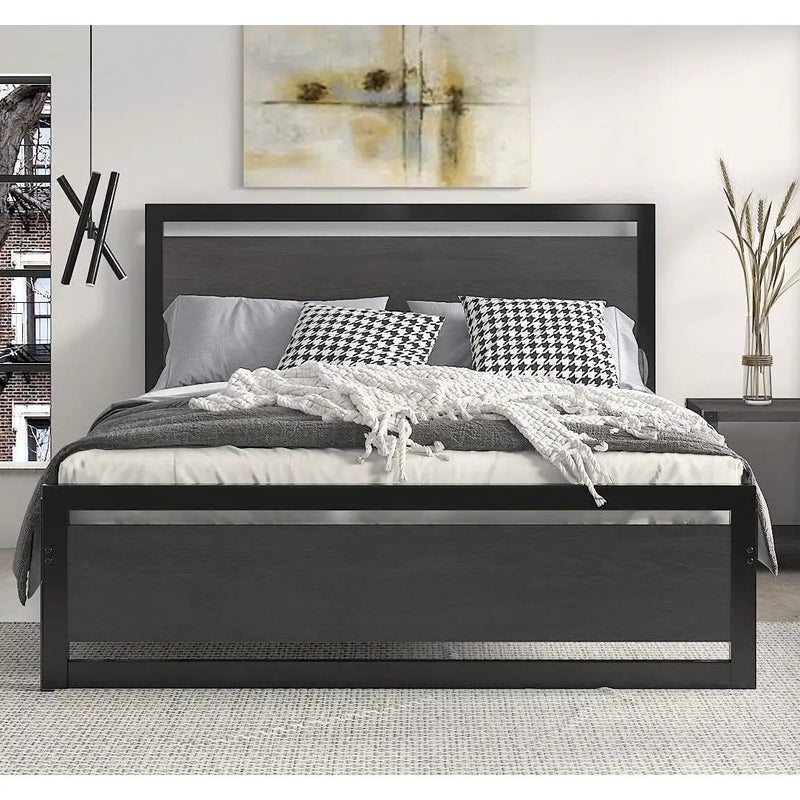 Queen Black Metal Platform Bed Frame with Wood Panel Headboard and Footboard by HomePacific
