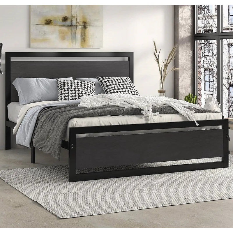 Queen Black Metal Platform Bed Frame with Wood Panel Headboard and Footboard by HomePacific