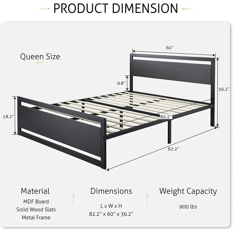 Queen Black Metal Platform Bed Frame with Wood Panel Headboard and Footboard by HomePacific