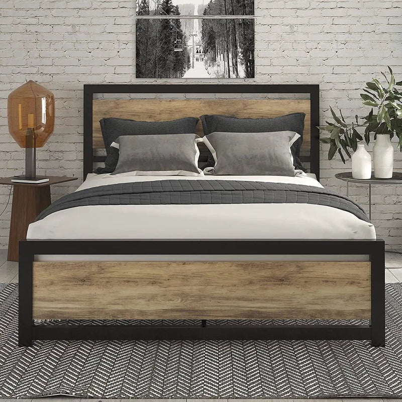 Queen Metal Platform Bed Frame with Brown Wood Panel Headboard and Footboard by HomePacific