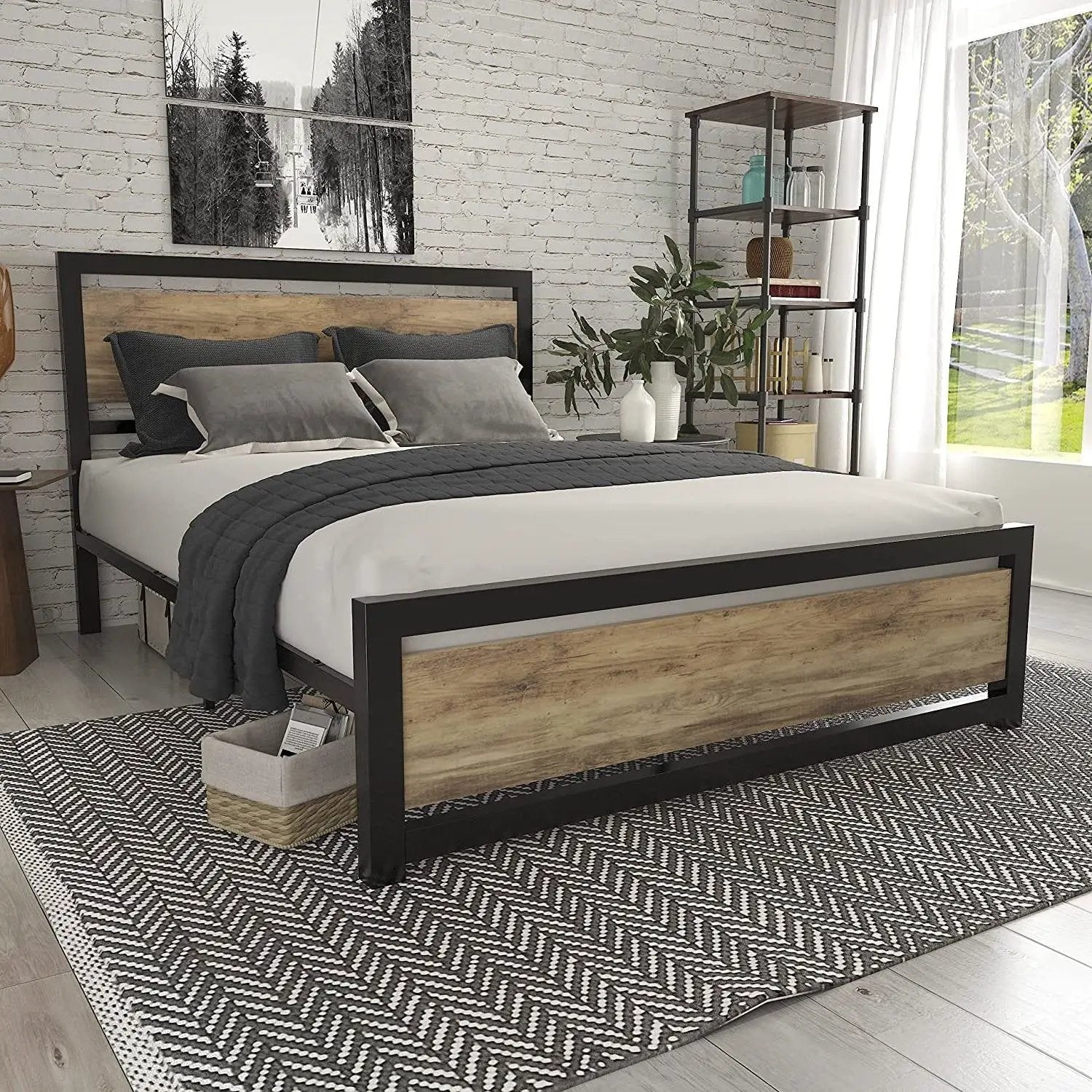 Queen Metal Platform Bed Frame with Brown Wood Panel Headboard and Footboard by HomePacific