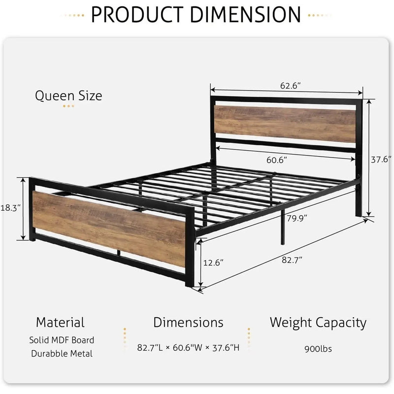 Queen Metal Platform Bed Frame with Brown Wood Panel Headboard and Footboard by HomePacific