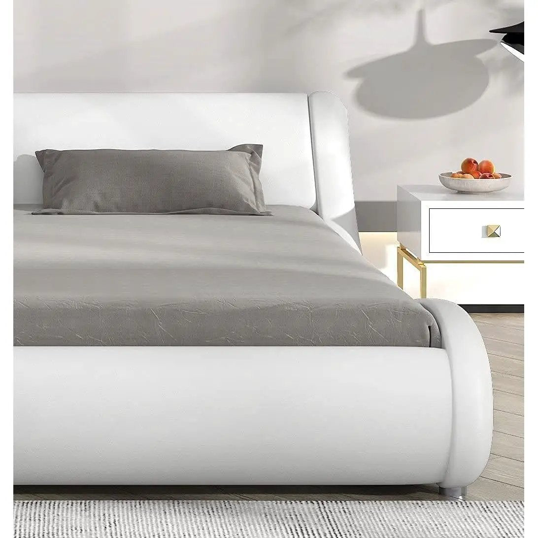 Queen Modern White Faux Leather Upholstered Platform Bed Frame with Headboard by HomePacific
