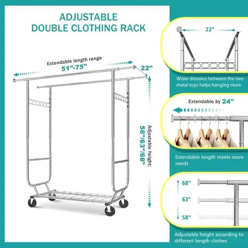 Heavy Duty Double Bar Clothes Garment Rack on Wheels - 600 lbs Capacity by HomePacific