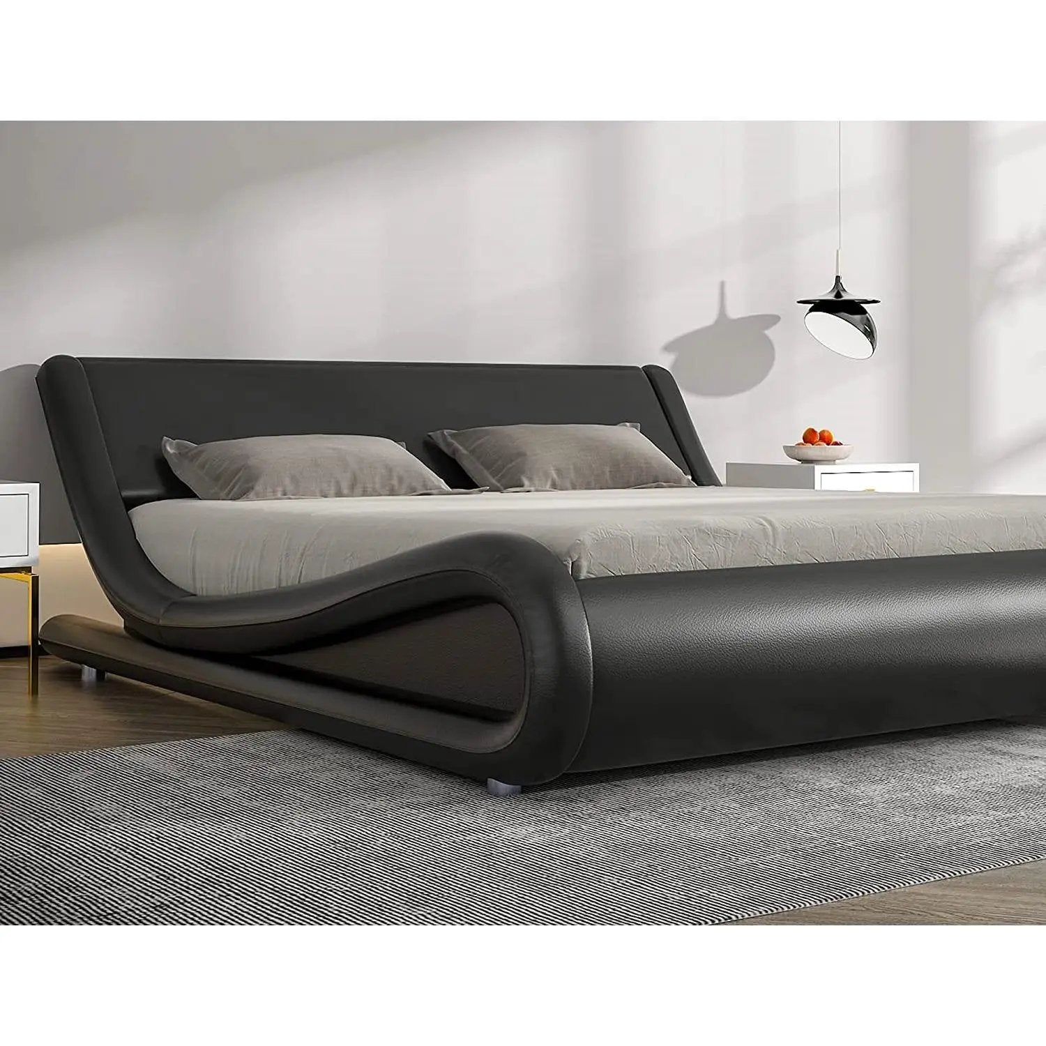 Queen Modern Black Faux Leather Upholstered Platform Bed Frame with Headboard by HomePacific