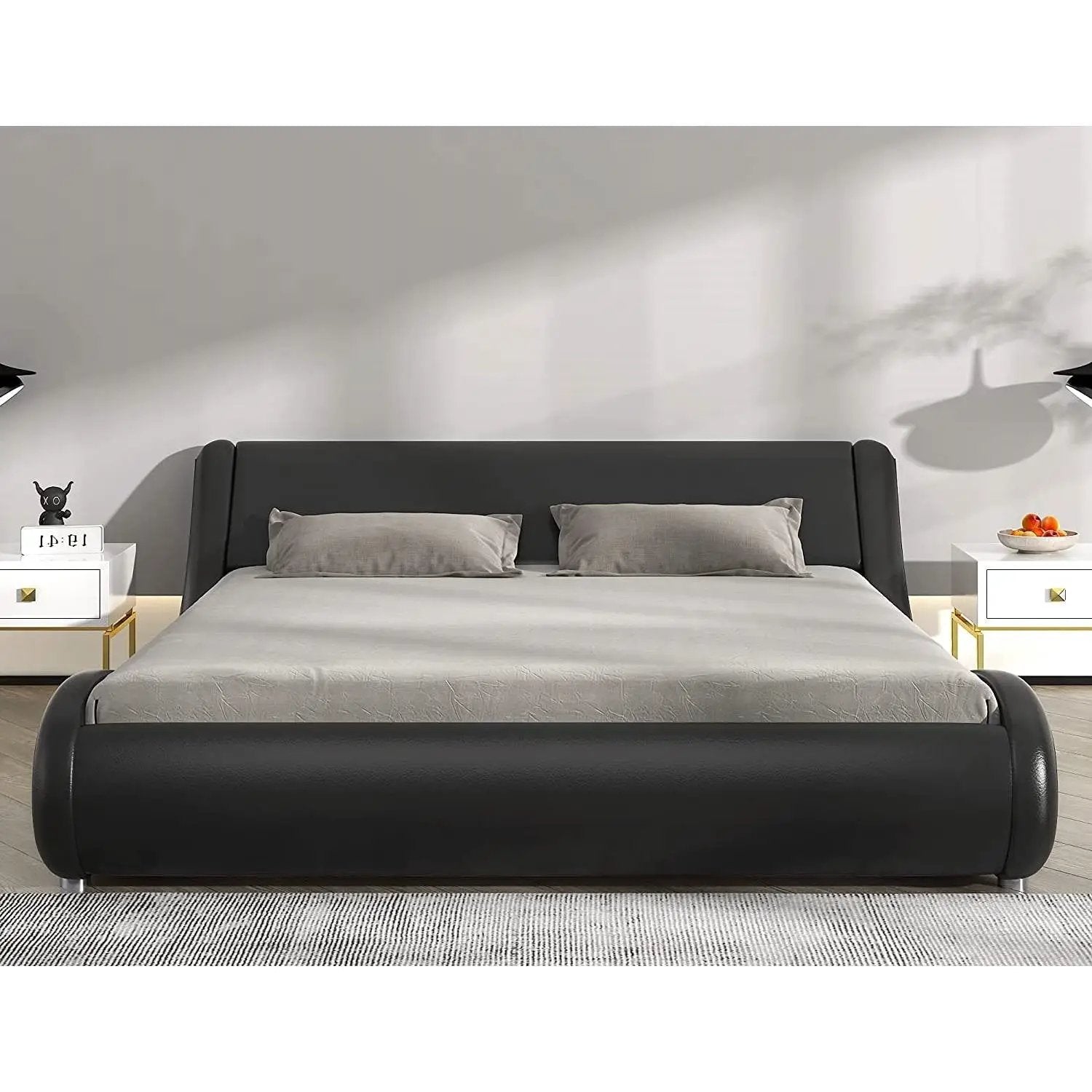 Queen Modern Black Faux Leather Upholstered Platform Bed Frame with Headboard by HomePacific