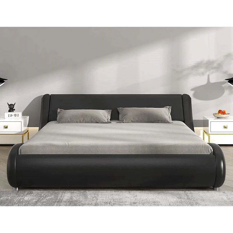 Queen Modern Black Faux Leather Upholstered Platform Bed Frame with Headboard by HomePacific