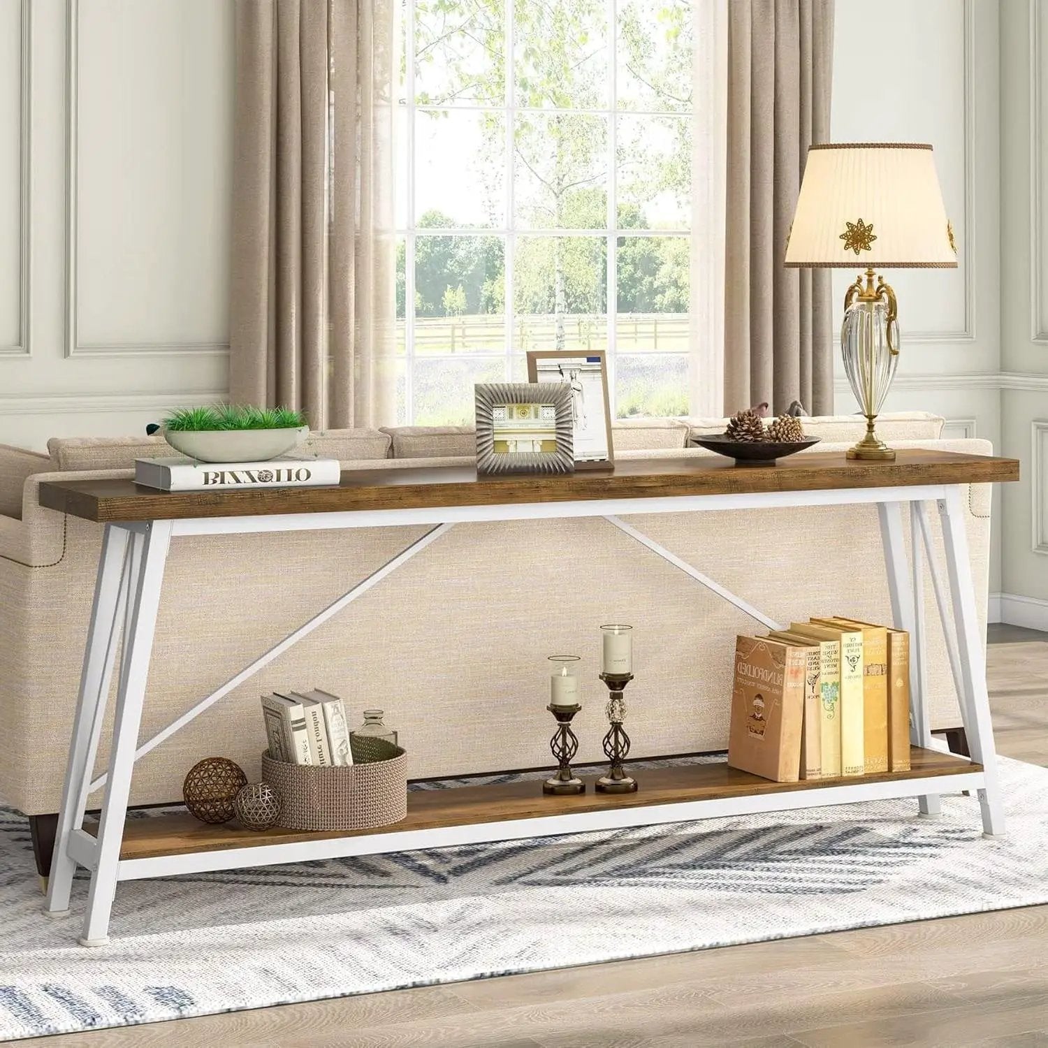 Heavy Duty 70-inch Industrial Brown Wood Top Sofa Table with White Metal Frame by HomePacific