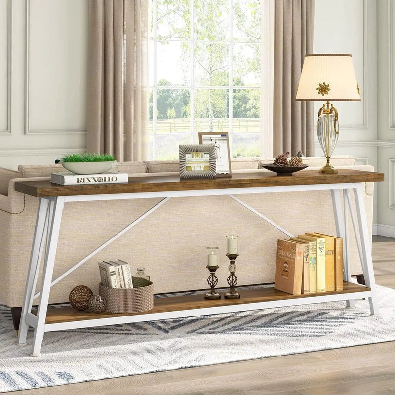 Heavy Duty 70-inch Industrial Brown Wood Top Sofa Table with White Metal Frame by HomePacific