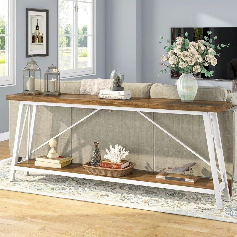 Heavy Duty 70-inch Industrial Brown Wood Top Sofa Table with White Metal Frame by HomePacific