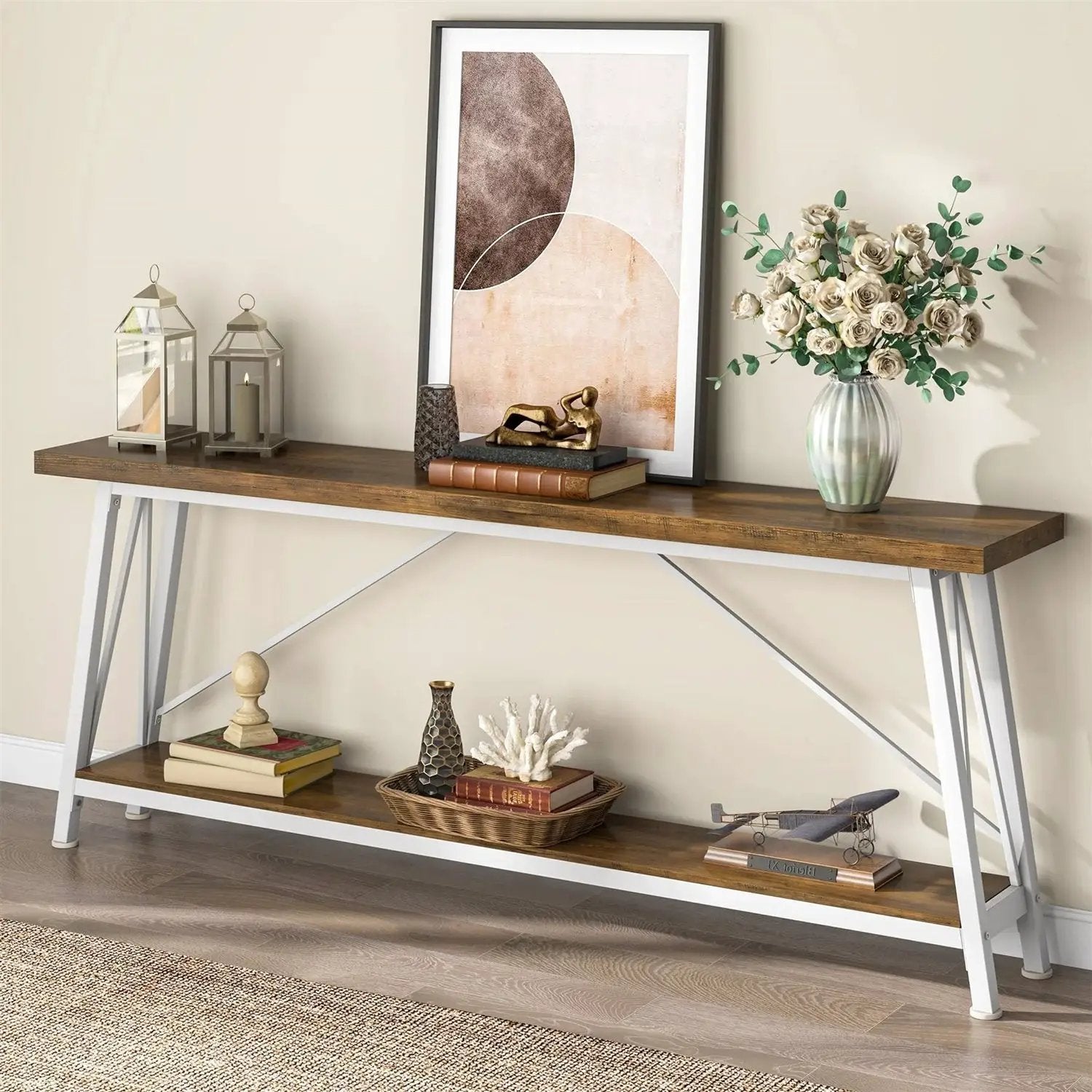 Heavy Duty 70-inch Industrial Brown Wood Top Sofa Table with White Metal Frame by HomePacific