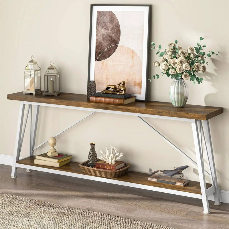 Heavy Duty 70-inch Industrial Brown Wood Top Sofa Table with White Metal Frame by HomePacific