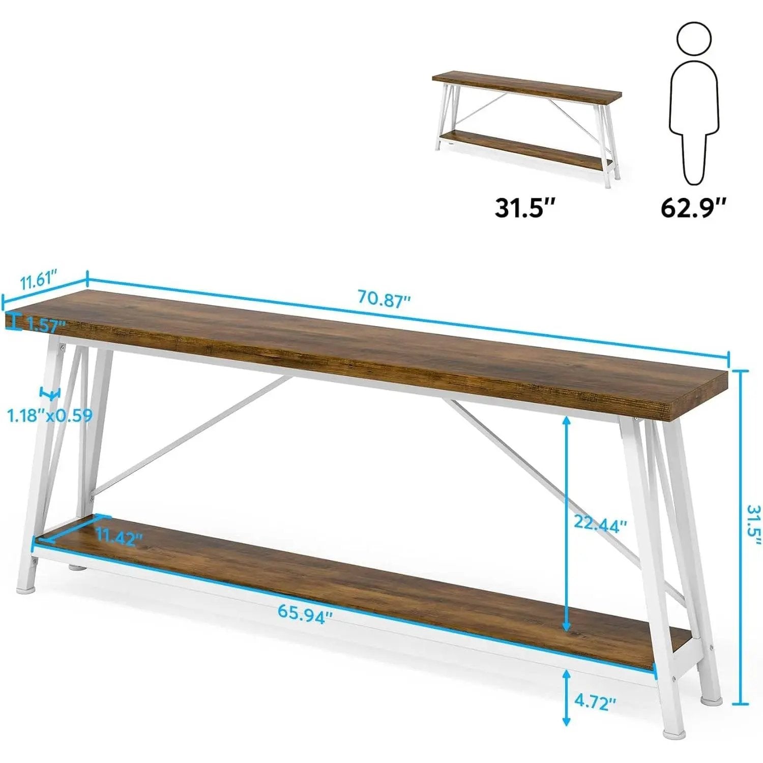 Heavy Duty 70-inch Industrial Brown Wood Top Sofa Table with White Metal Frame by HomePacific
