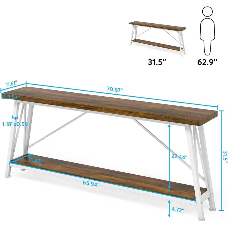 Heavy Duty 70-inch Industrial Brown Wood Top Sofa Table with White Metal Frame by HomePacific