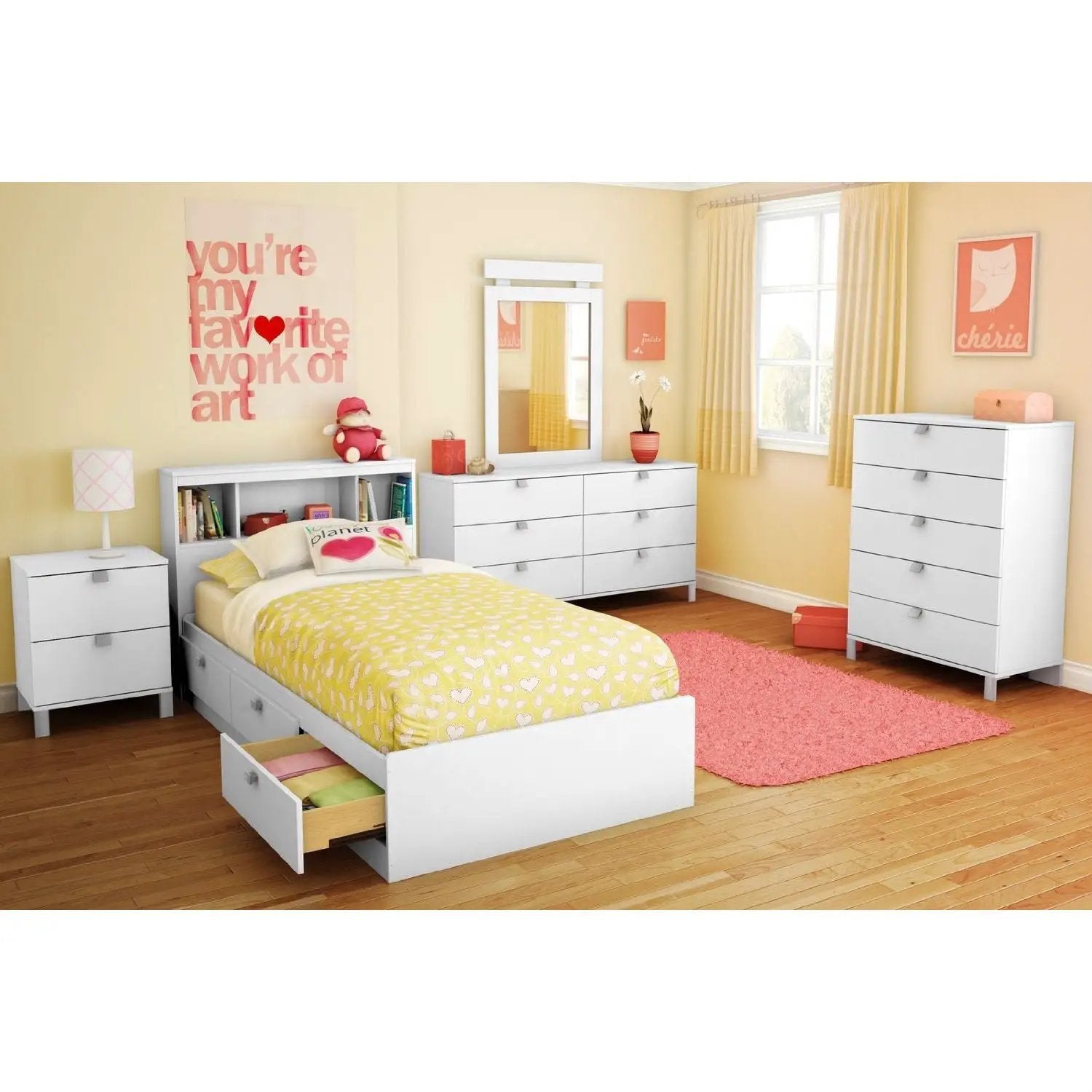 Twin size White Platform Bed for Kids Teens Adults with 3 Storage Drawers by HomePacific