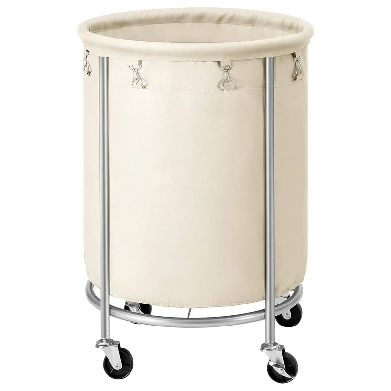 Round 45-Gallon Laundry Basket Hamper w/ Cream Fabric Bag Steel Frame on Wheels by HomePacific