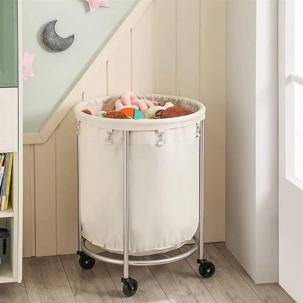 Round 45-Gallon Laundry Basket Hamper w/ Cream Fabric Bag Steel Frame on Wheels by HomePacific