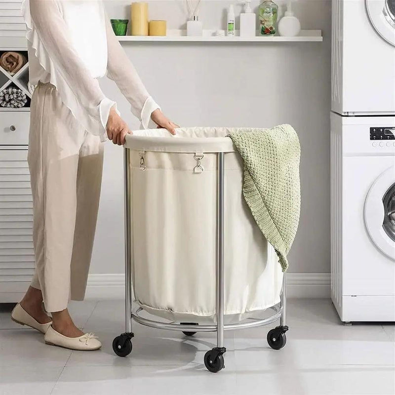 Round 45-Gallon Laundry Basket Hamper w/ Cream Fabric Bag Steel Frame on Wheels by HomePacific