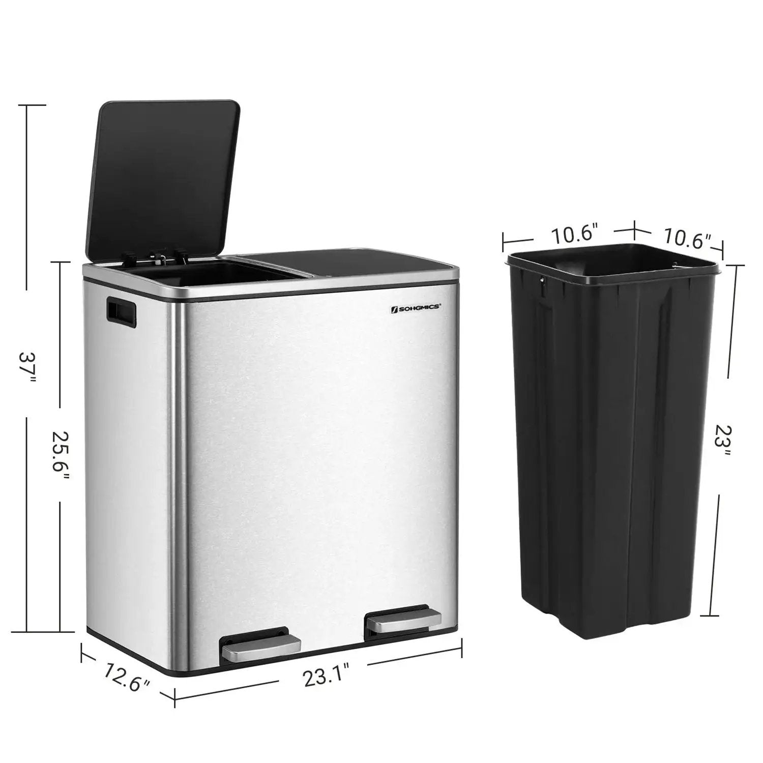 Dual Stainless Steel 16-Gallon Trash Can Recycle Bin with 2 Step on Pedal Lids by HomePacific