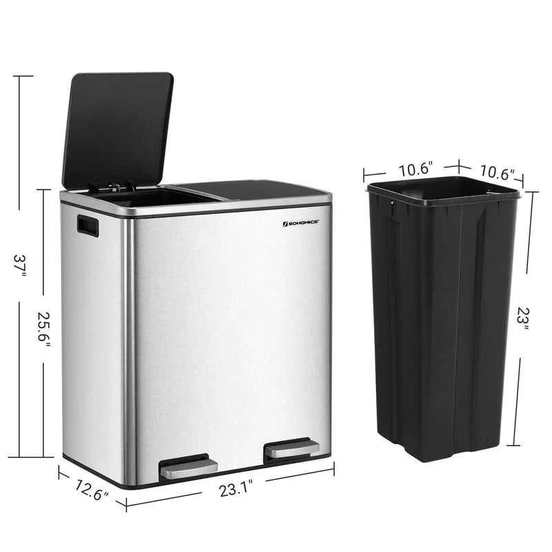 Dual Stainless Steel 16-Gallon Trash Can Recycle Bin with 2 Step on Pedal Lids by HomePacific
