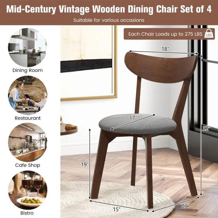 Set of 2 Mid-Century Modern Curved Back Wood Dining Chair Grey Upholstered Seat by HomePacific