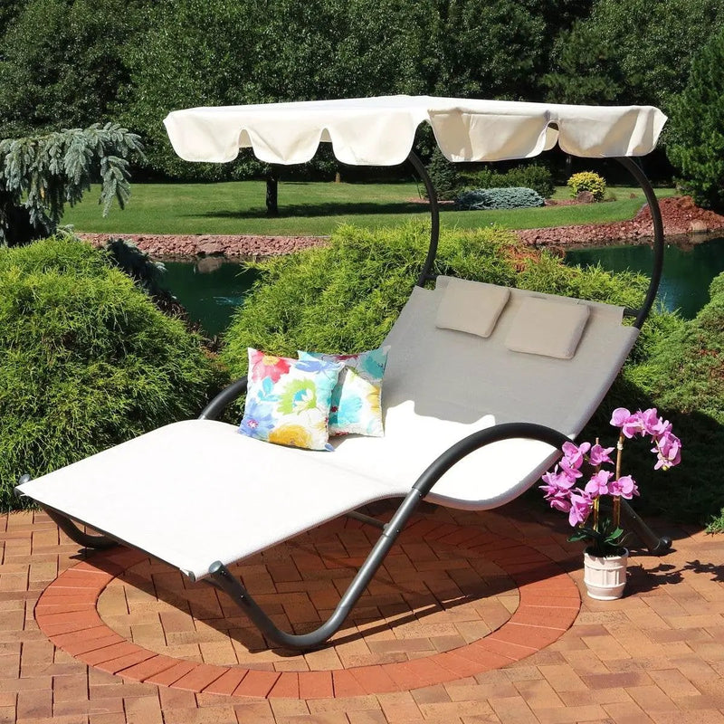 2 Person Off White Outdoor Patio Chaise Lounger Chair Canopy Bed with Pillows by HomePacific