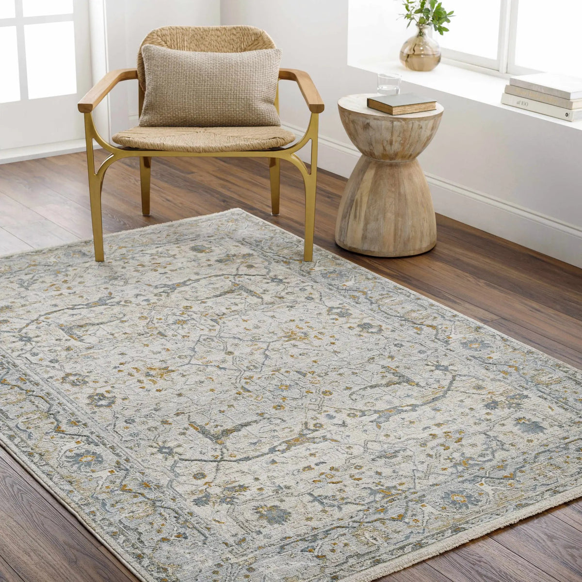 Aviva Off-White Textured Rug with Fringes, installed in a room