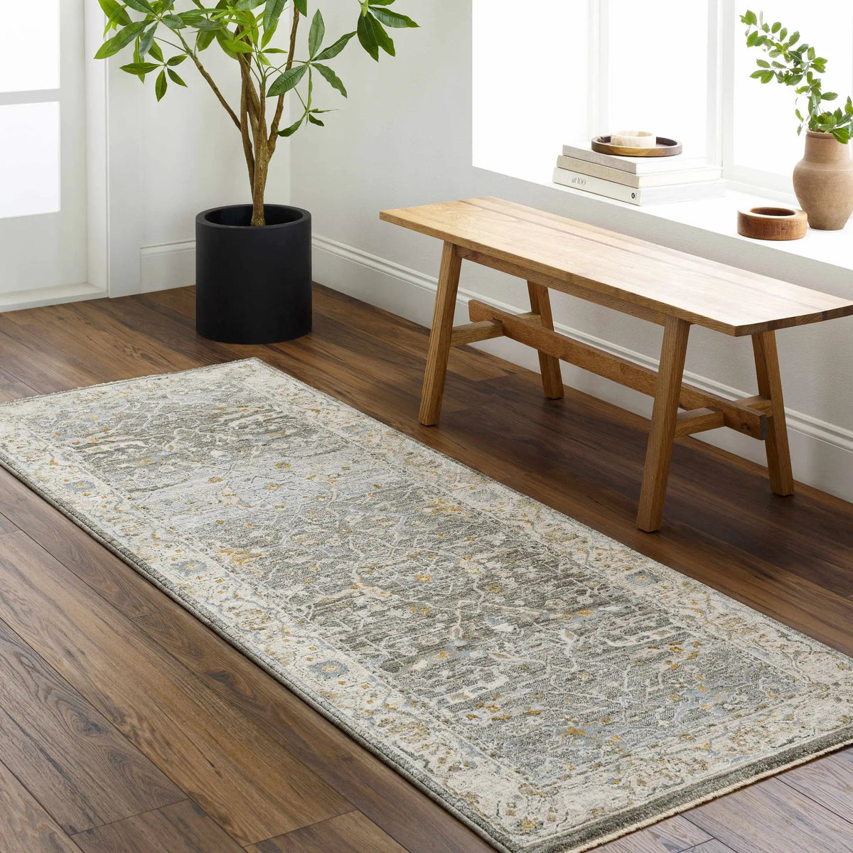 Aviva Teal Textured Rug with Fringes, installed in a room 3