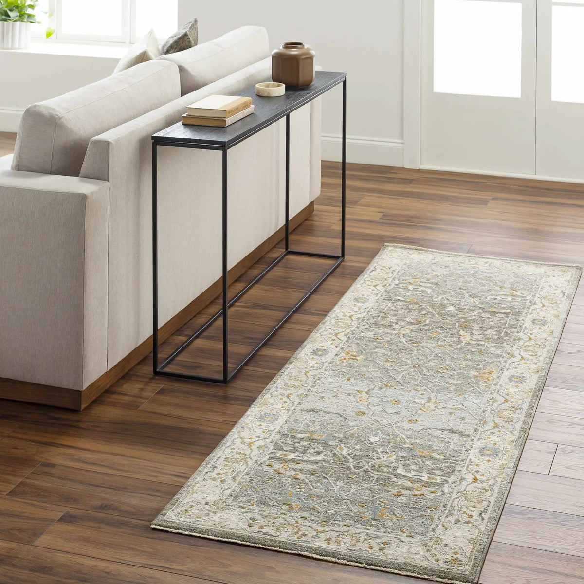 Aviva Teal Textured Rug with Fringes, installed in a room 2