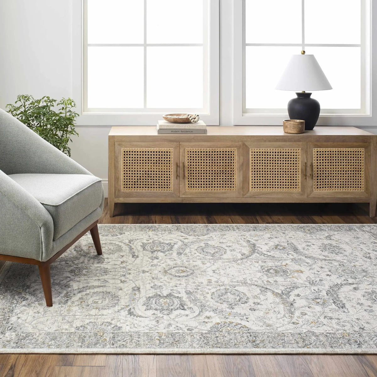 Gauge Cream & Gray Blue Rug with Fringes, installed in a room 4