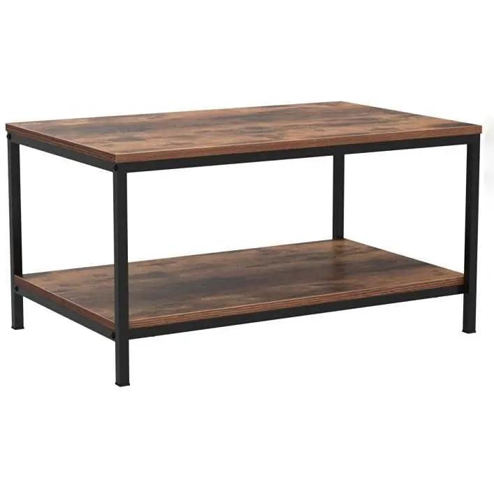 Heavy Duty Industrial 2-Tier Coffee Table in Rustic Brown Wood Finish by HomePacific