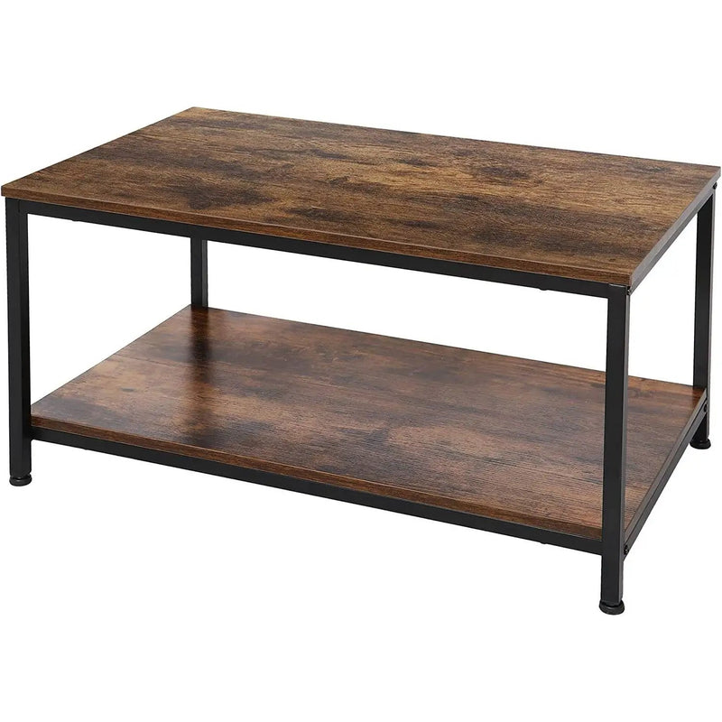 Heavy Duty Industrial 2-Tier Coffee Table in Rustic Brown Wood Finish by HomePacific