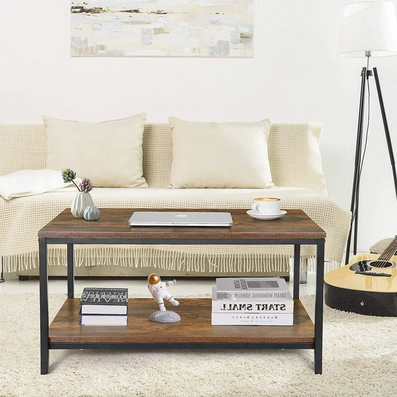 Heavy Duty Industrial 2-Tier Coffee Table in Rustic Brown Wood Finish by HomePacific