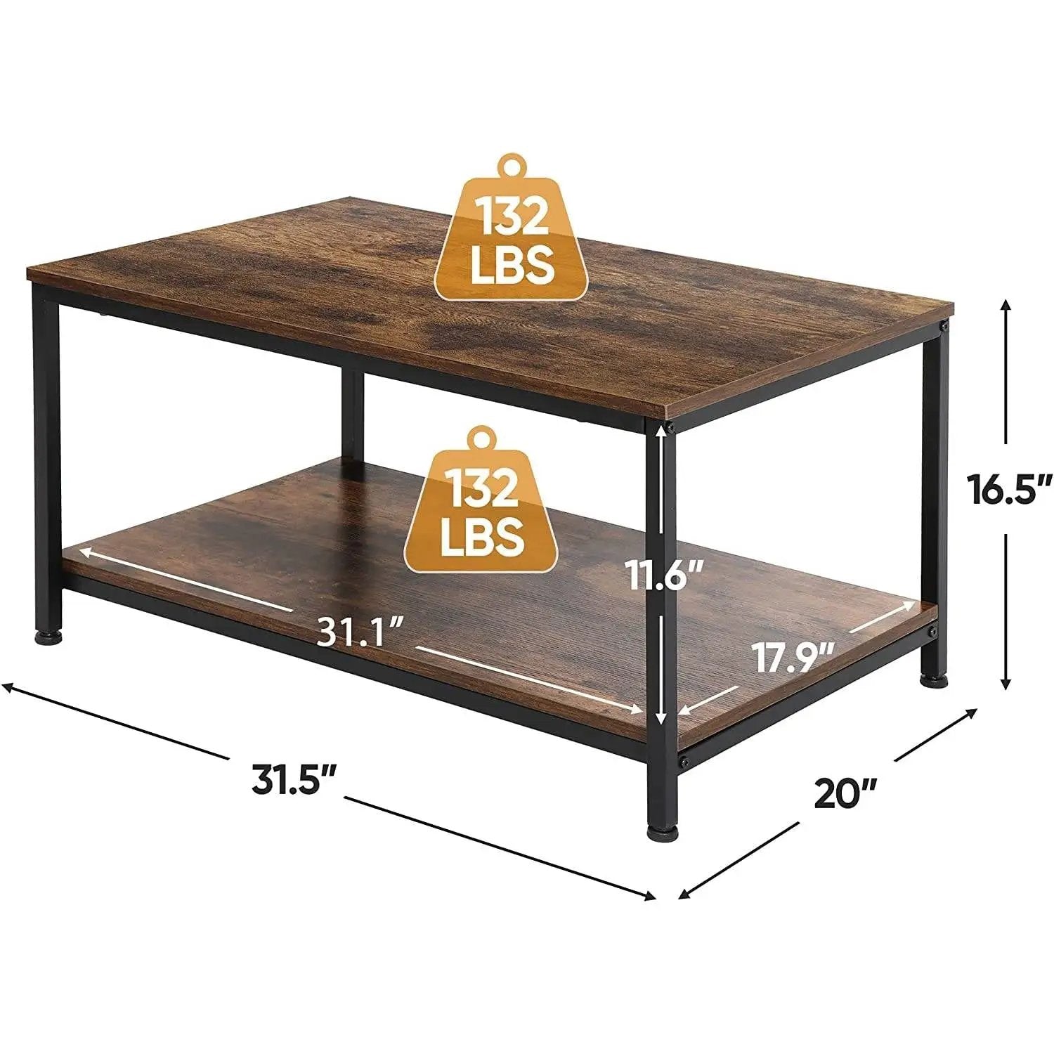 Heavy Duty Industrial 2-Tier Coffee Table in Rustic Brown Wood Finish by HomePacific