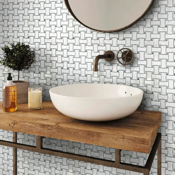 White 12x12 Polished Basketweave Bianco Carrara Bardiglio Nuvolato Marble Mosaic Tile (5 pack, 5 sq ft/case)