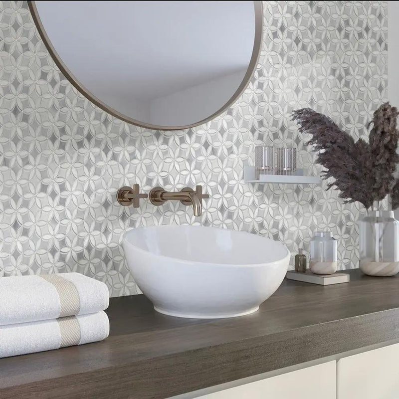 Gray White 12x15 Polished Floral Marble Mosaic Tile (5 pack, 6.18 sq ft/case) by Apollo Tile