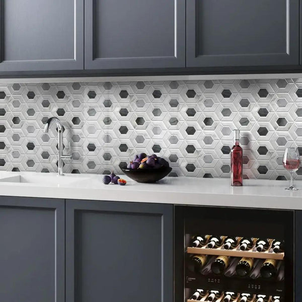 Gray White 11x13 Polished Hexagon Bardiglio Nuvolato Bianco Carrara Marble Mosaic Tile (5 pack, 5.15 sq ft/case)