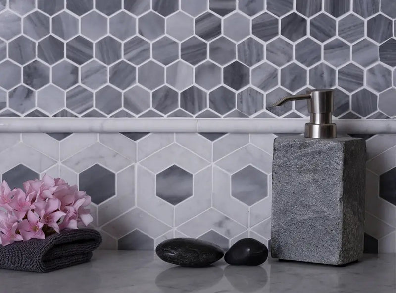 Gray White 11x13 Polished Hexagon Bardiglio Nuvolato Bianco Carrara Marble Mosaic Tile (5 pack, 5.15 sq ft/case) by Apollo Tile