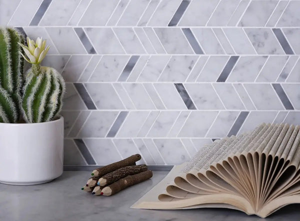 White Gray 11x13 Polished Herringbone Bardiglio Nuvolato Bianco Carrara Marble Mosaic Tile (5 pack, 4.95 sq ft/case)