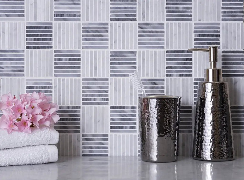 White Gray 12x12 Polished Brick Bardiglio Nuvolato Bianco Carrara Marble Mosaic Tile (5 pack, 5 sq ft/case) by Apollo Tile