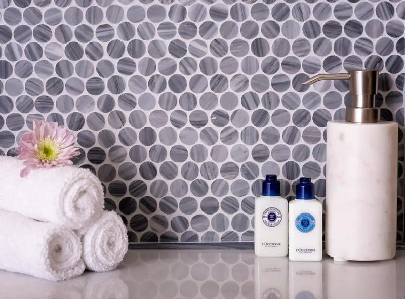 Gray 11x12 Polished Penny Round Bardiglio Nuvolato Marble Mosaic Tile (5 pack, 4.83 sq ft/case) by Apollo Tile