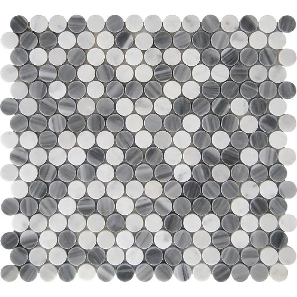 White Gray 11x12 Polished Penny Round Bardiglio Nuvolato Carrara Marble Mosaic Tile (5 pack, 4.83 sq ft/case) by Apollo Tile