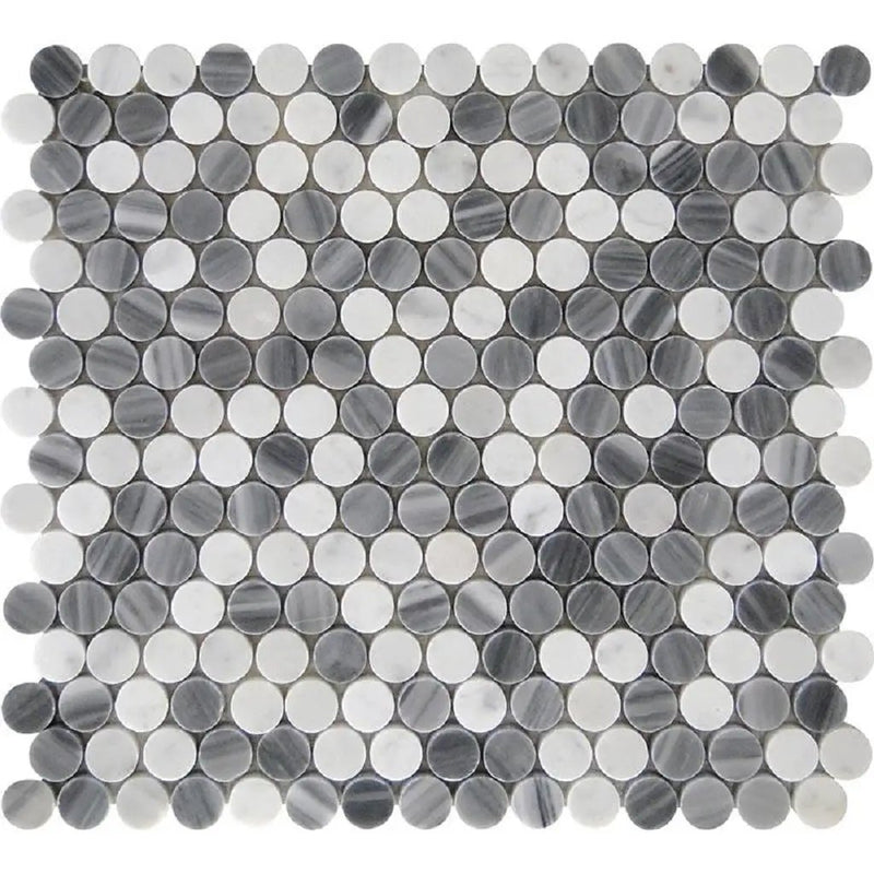 White Gray 11x12 Polished Penny Round Bardiglio Nuvolato Carrara Marble Mosaic Tile (5 pack, 4.83 sq ft/case) by Apollo Tile