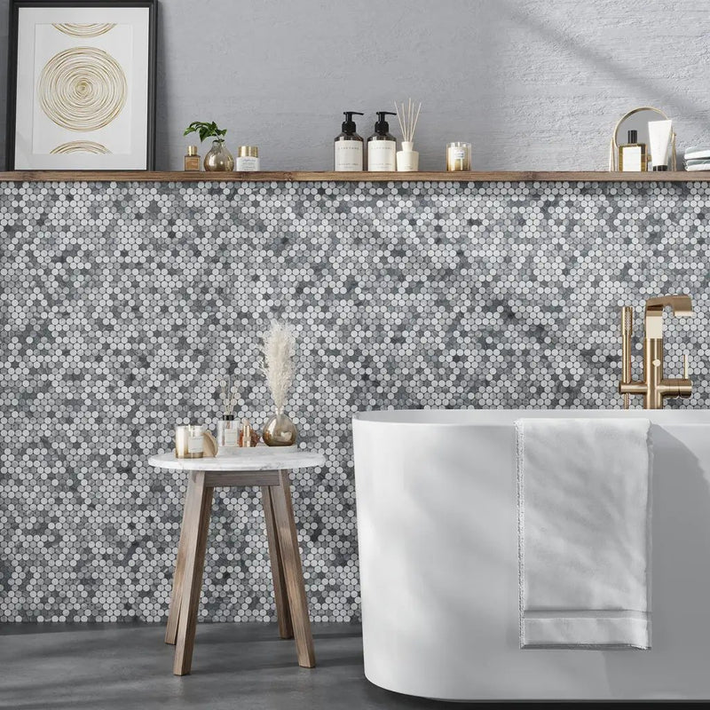 White Gray 11x12 Polished Penny Round Bardiglio Nuvolato Carrara Marble Mosaic Tile (5 pack, 4.83 sq ft/case) by Apollo Tile
