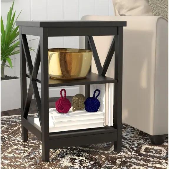 Black Wood X-Design End Table Nightstand with 3 Open Shelves by HomePacific