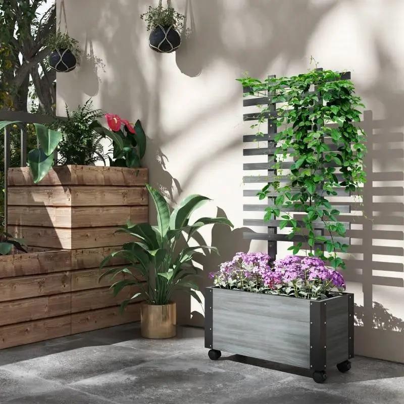 Modern Farmhouse Grey Wood Raised Garden Bed Planter on Wheels with Trellis by HomePacific