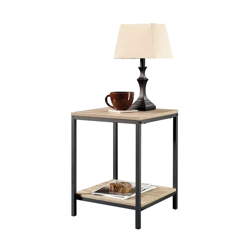 Modern Black Metal Frame End Table with Oak Finish Wood Top and Bottom Shelf by HomePacific