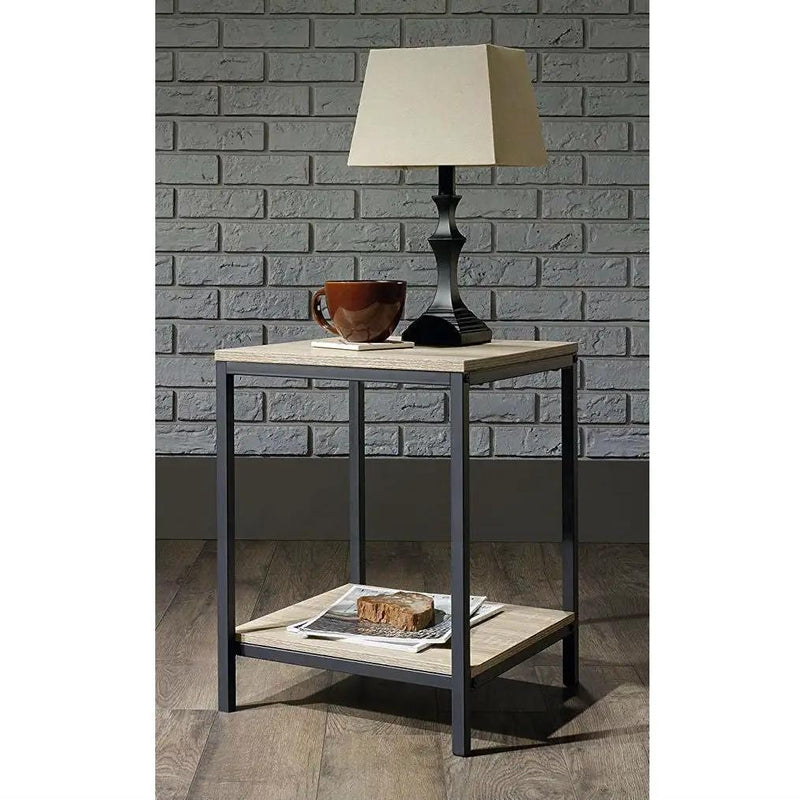 Modern Black Metal Frame End Table with Oak Finish Wood Top and Bottom Shelf by HomePacific