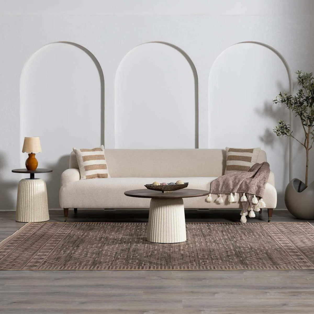 Halle Tan Washable Area Rug - Clearance, installed in a room